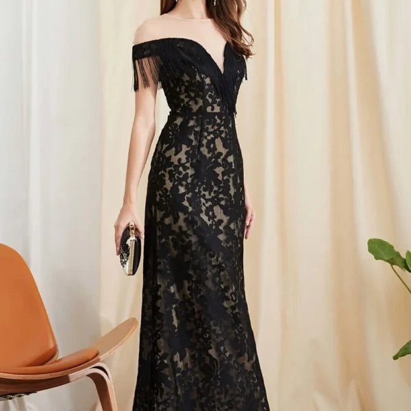 Womens Evening Party Prom O Neck Short Sleeves Embroidery Tassels Patchwork Elegant Long Designer Dresses