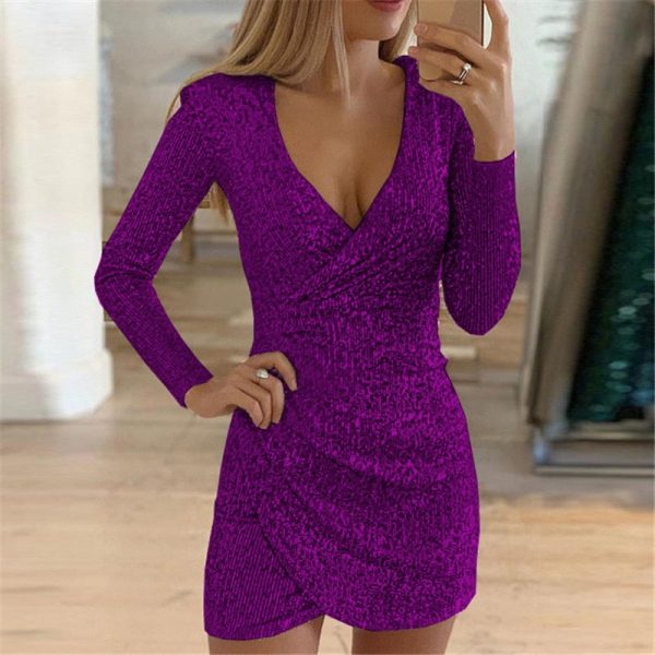 Sexy v-Neck Solid Color Sequins Dress Women Summer Irregular Shining Multicolor Long Sleeve Party Bar Mini Dress
