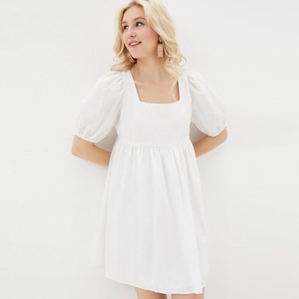 Sexy Backless Lace Up White Dress Puff Sleeve Square Collar French Romantic Elegant Fashion Holiday Mini Dress Beach Style