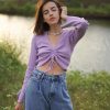 LVINMW V Neck Flare Sleeve Long Drawstring Slim Purple Crop Top Pleated Solid Simple Sweet T Shirts Women Casual Autumn Tops - Hplify
