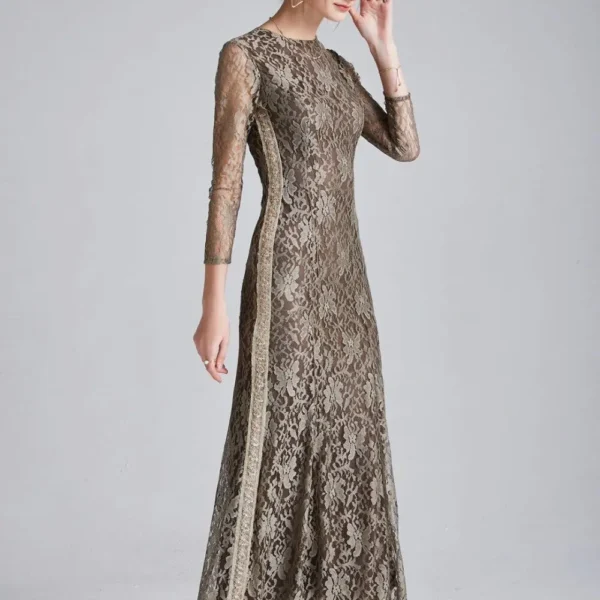 Women's Runway Dresses O Neck 3/4 Sleeves Beaded Sequined Lace Fashion Long Party Prom Dresses