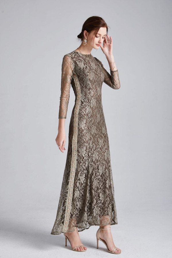 Women's Runway Dresses O Neck 3/4 Sleeves Beaded Sequined Lace Fashion Long Party Prom Dresses
