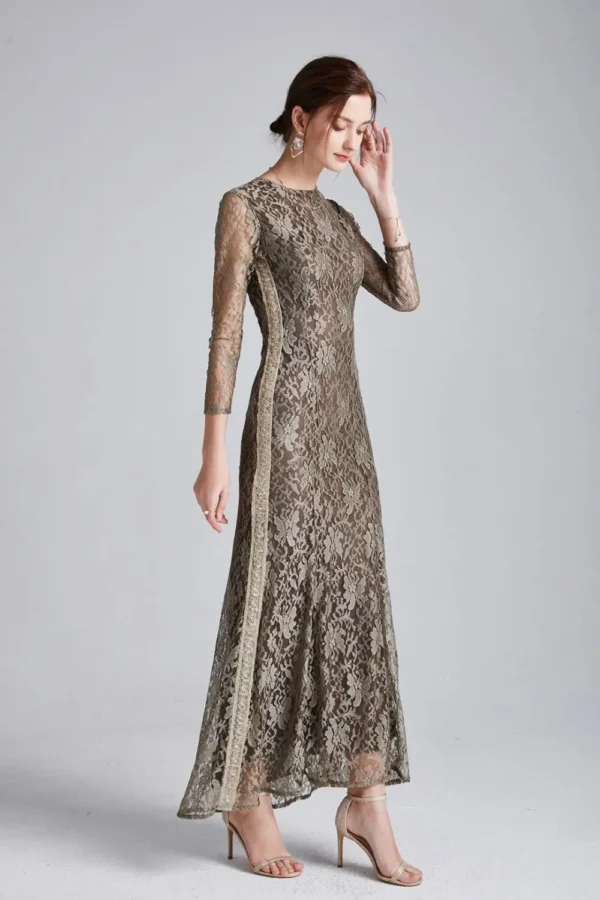 Women's Runway Dresses O Neck 3/4 Sleeves Beaded Sequined Lace Fashion Long Party Prom Dresses