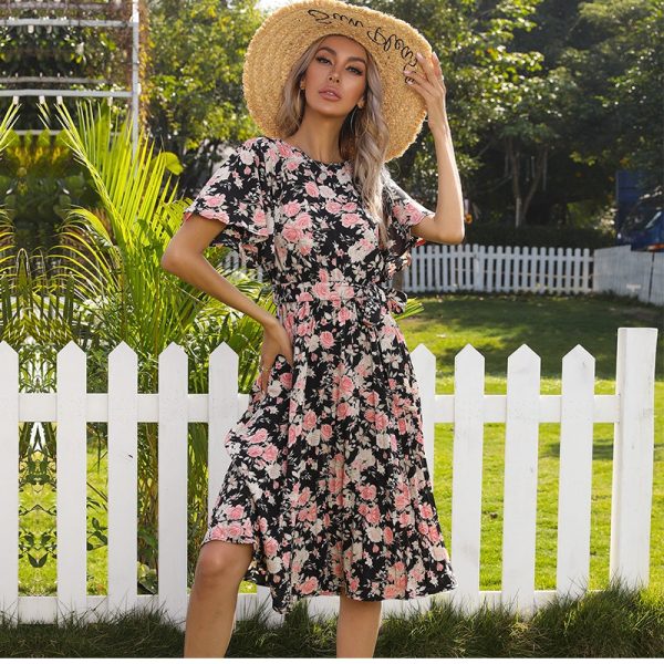 Spring Summer Floral Dress Women V Neck Butterfly Sleeve High Waist Knee Length Bandage Dresses Ladies