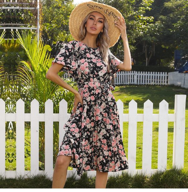 Spring Summer Floral Dress Women V Neck Butterfly Sleeve High Waist Knee Length Bandage Dresses Ladies