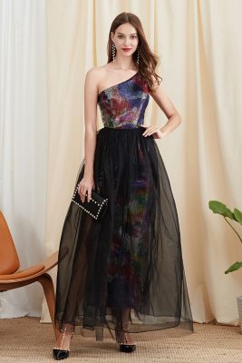 Women's Twinsets Prom Dress One Shoulder Sequined Split Dresses with Layered Skirts Two Piece Dress Sets Party Dresses