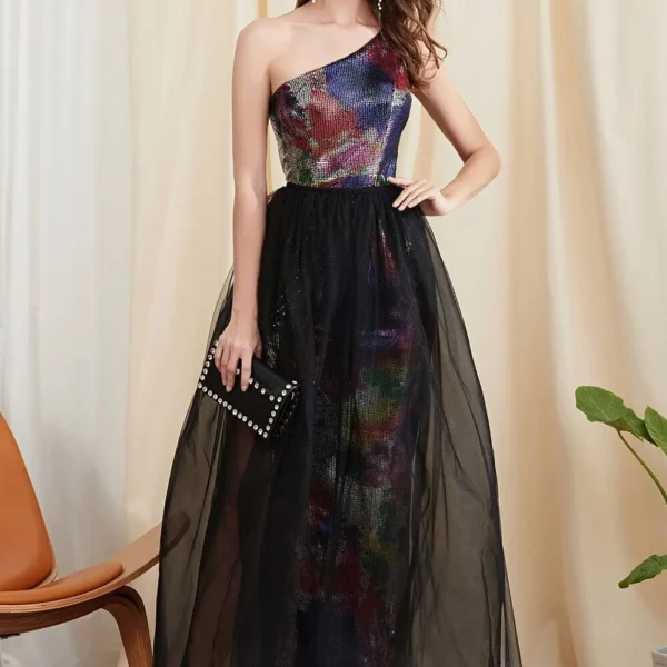 Women's Twinsets Prom Dress One Shoulder Sequined Split Dresses with Layered Skirts Two Piece Dress Sets Party Dresses