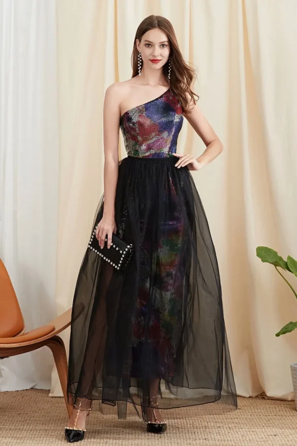 Women's Twinsets Prom Dress One Shoulder Sequined Split Dresses with Layered Skirts Two Piece Dress Sets Party Dresses