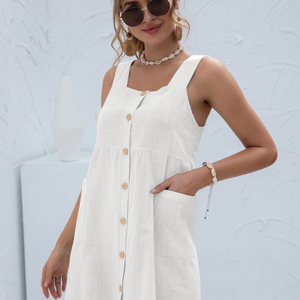 Summer Sleeveless Short Tank Dress Women Square Collar Pockets Button Vintage Mini Ladies Solid Sweet Sling Dresses