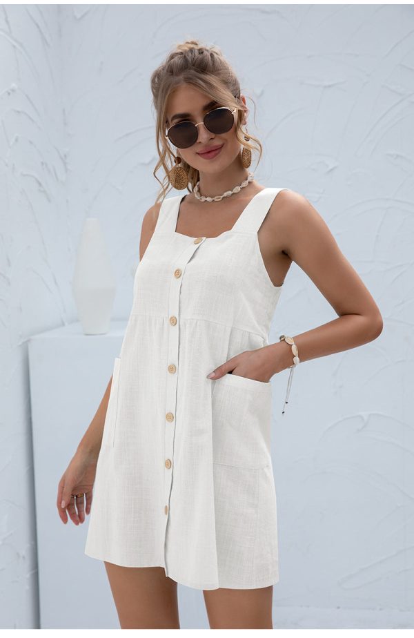 Summer Sleeveless Short Tank Dress Women Square Collar Pockets Button Vintage Mini Ladies Solid Sweet Sling Dresses