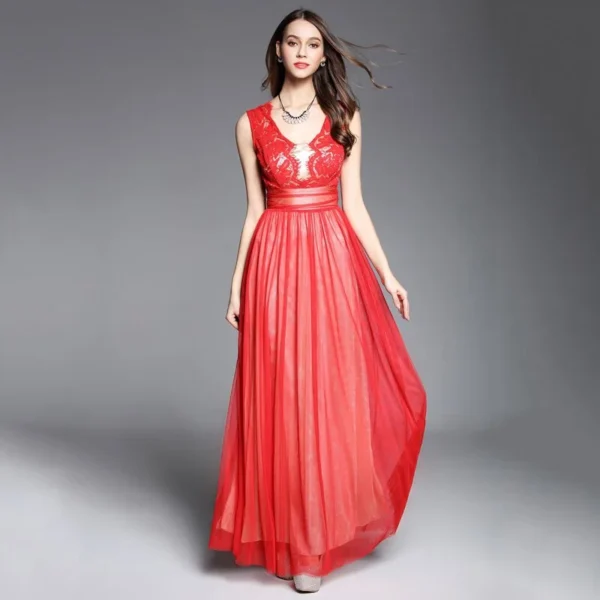 Alternative view of Women's Runway Dresses V Neck Sleeveless Sexy Low V Back Lace Patchwork Elegant Party Prom Long Designer Vestidos Dresses