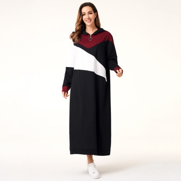 Women Hoodie Dresses Patchwork Zipper Long Sleeve Hooded Maxi Dresses Casual Dress Women Autumn