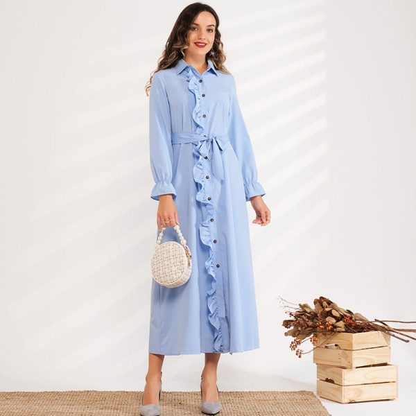 Ladies Fashion Placket Ruffle Stitching Lapel Solid Color Loose Tie Belt Sweet Long Shirt Blue Woman Dress
