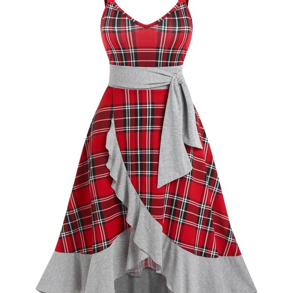 Women Retro Dress Plaid Ruffle Knotted Midi Dress Sleeveless Sweetheart Neck Midi Summer Elegant Sexy Party Dress Femme