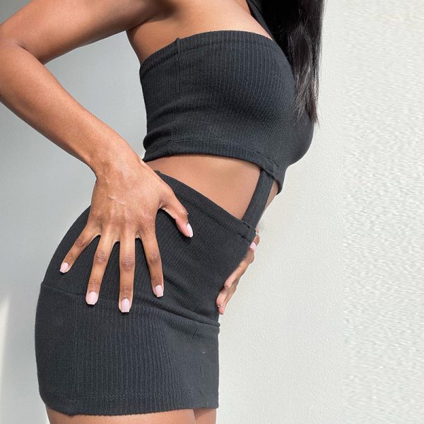 Alternative view of Sexy Cut Out Halter Backless Bodycon Dress Black White Rib Knit Bandage Mini Dresses Night Out Club Wear C15-BG18