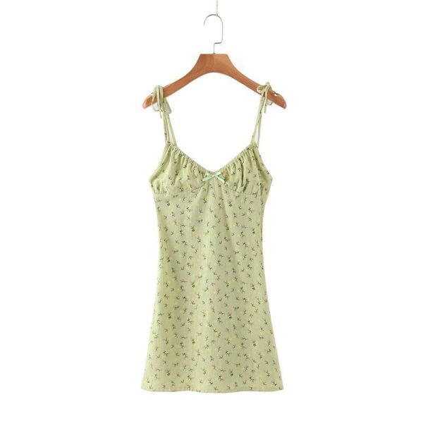 Chu Sau beauty New Casual Chic Floral Print Sling Mini Dress Women Holiday Bow V-neck Dress Summer Sexy Backless Ladies Dresses - Hplify