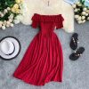 Summer Dress Solid Off Shoulder Dresses Women High Waist Chiffon - Hplify