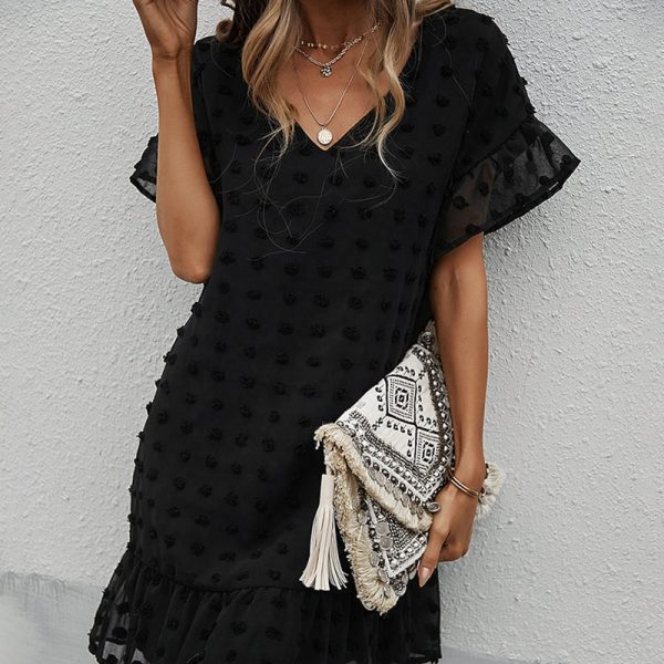 Sexy V Neck Short Dress Women Casual Solid Hairball Black Dresses For Laddies Spring Summer Holiday Style Dress New