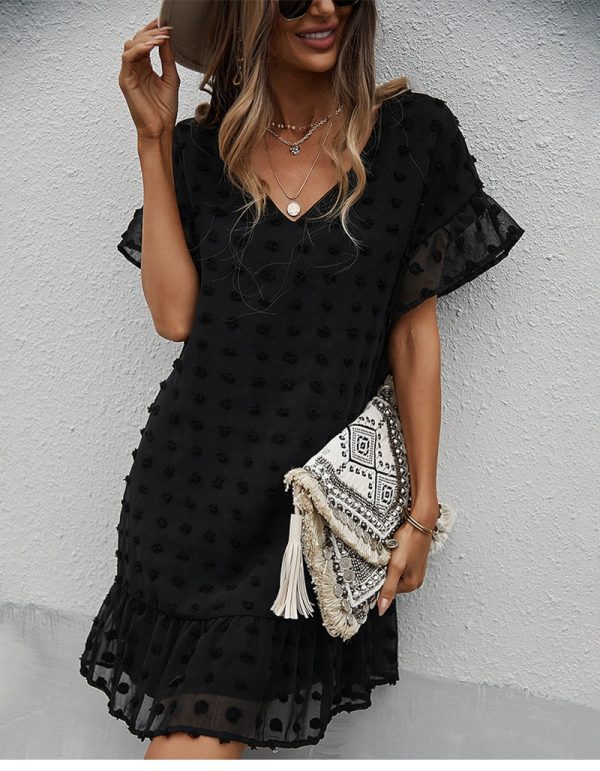 Sexy V Neck Short Dress Women Casual Solid Hairball Black Dresses For Laddies Spring Summer Holiday Style Dress New