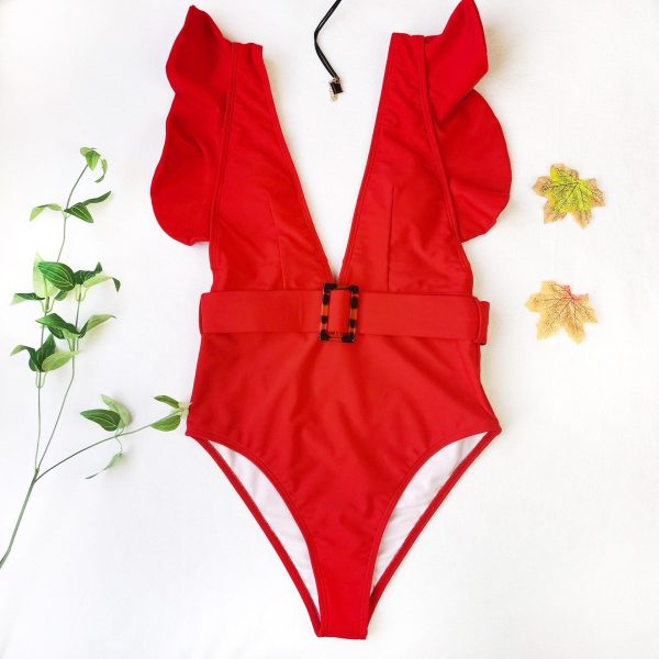 Plunging One Piece Swimsuits Ruffle Swimwear Women 2021 Belted Bathers Sexy Backless Beachwear High Cut Bathing Suits - Hplify