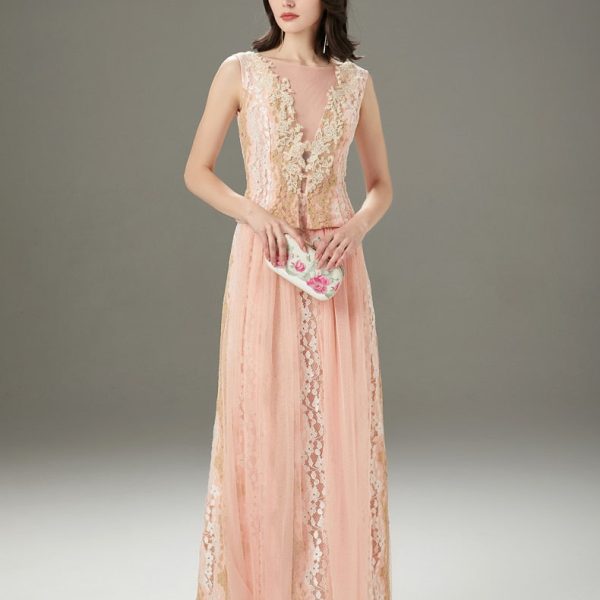 Alternative view of Women's Runway Dresses O Neck Sleeveless Embroidery Lace Patchwork Elegant Long Party Prom