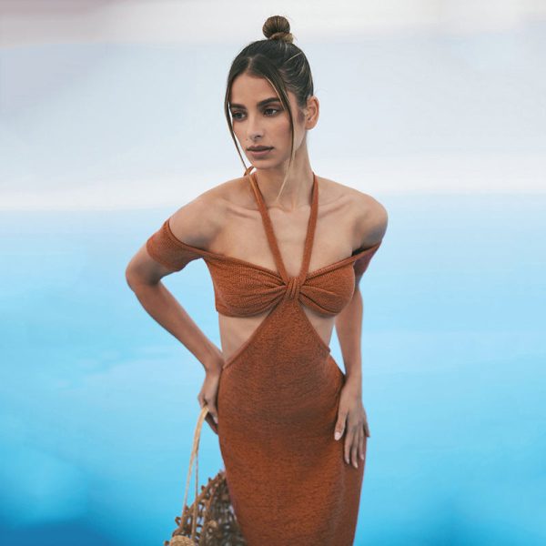 Alternative view of Sexy Vacation Knitted Midi Dress Summer Elegant Outfits for Women Beachwear Hollow Out Halter Bodycon Dresses C66-CZ26