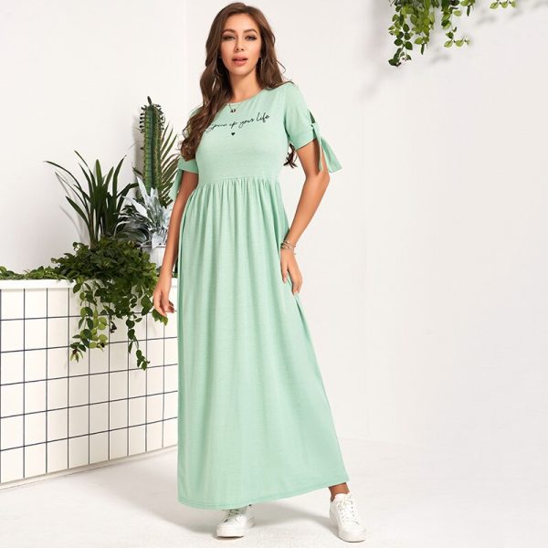 Mint Green High Waist A-line Bandage Knot Short Sleeve Letter Sweet Slim Dresses