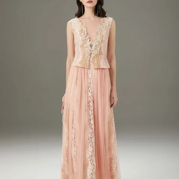 Women's Runway Dresses O Neck Sleeveless Embroidery Lace Patchwork Elegant Long Party Prom
