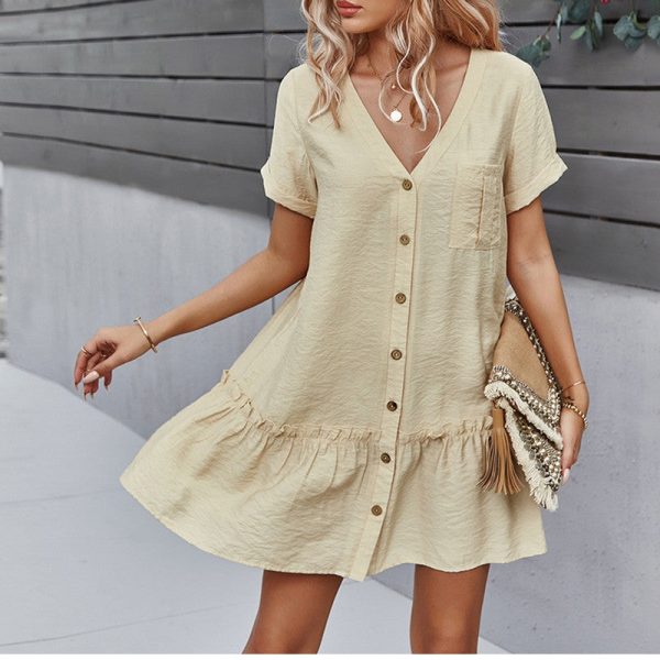 Solid Short Dress Women Casual V Neck Single Breasted Spring Summer Ladies Loose A Line Dresses