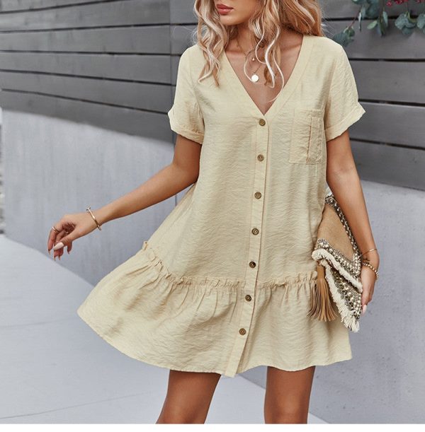 Solid Short Dress Women Casual V Neck Single Breasted Spring Summer Ladies Loose A Line Dresses