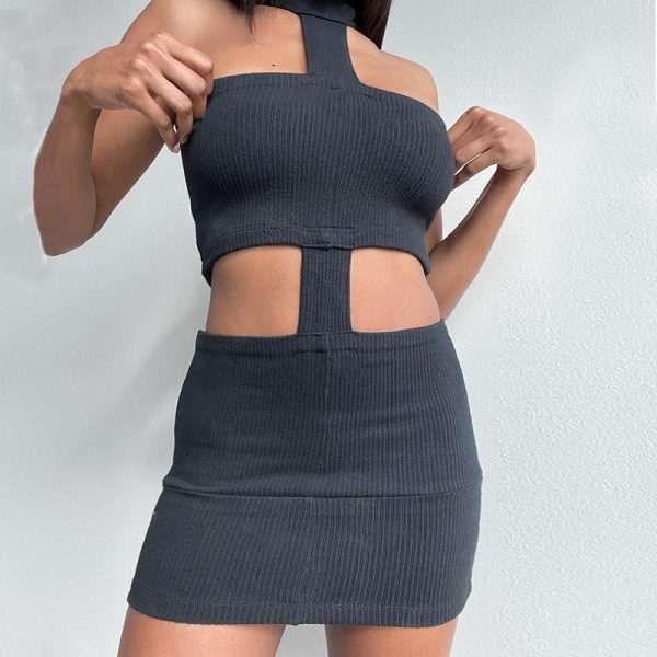 Sexy Cut Out Halter Backless Bodycon Dress Black White Rib Knit Bandage Mini Dresses Night Out Club Wear C15-BG18