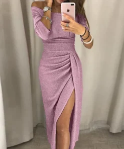 Sexy Slit One Word Collar Shiny Dress Women's Long Sleeve Bag Hip Long Style Folds Party Dinner Dress Arrival