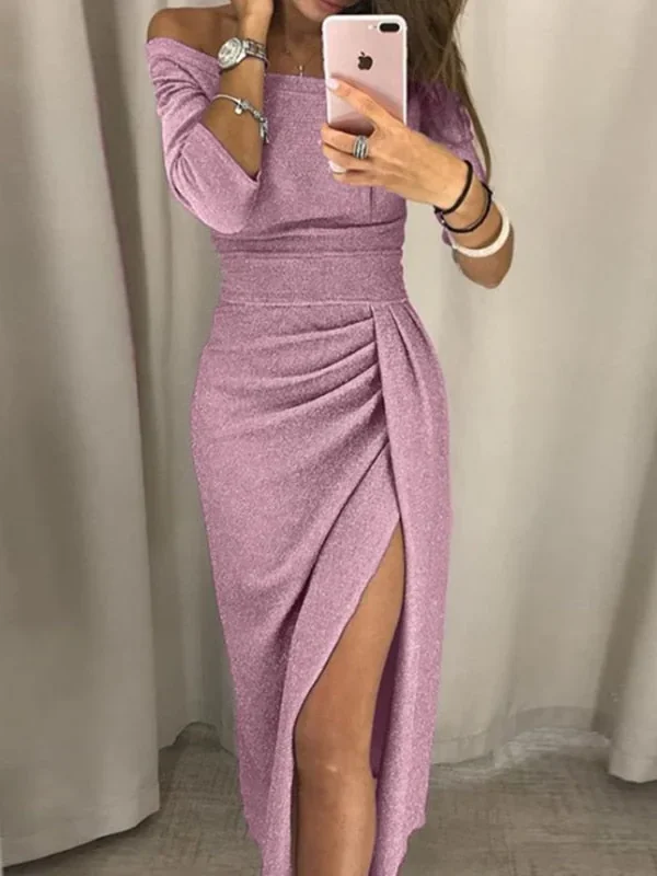 Sexy Slit One Word Collar Shiny Dress Women's Long Sleeve Bag Hip Long Style Folds Party Dinner Dress  Arrival