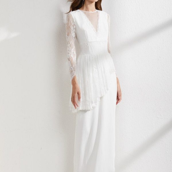 Alternative view of Women's Runway Dresses O Neck Long Sleeves Embroidery Lace Patchwork Ruffles Asymmetrical Split Elegant Maxi Party Evening Prom