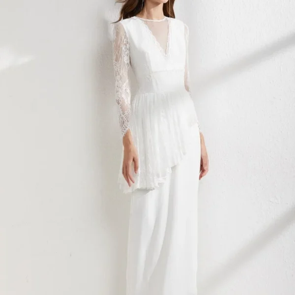 Alternative view of Women's Runway Dresses O Neck Long Sleeves Embroidery Lace Patchwork Ruffles Asymmetrical Split Elegant Maxi Party Evening Prom