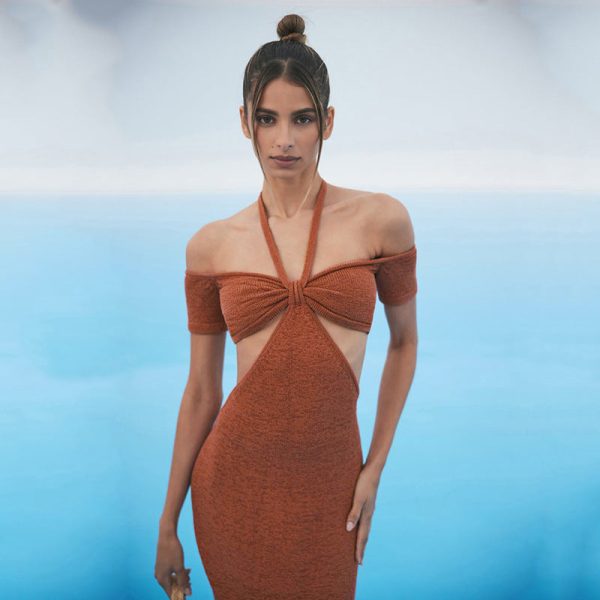 Sexy Vacation Knitted Midi Dress Summer Elegant Outfits for Women Beachwear Hollow Out Halter Bodycon Dresses C66-CZ26