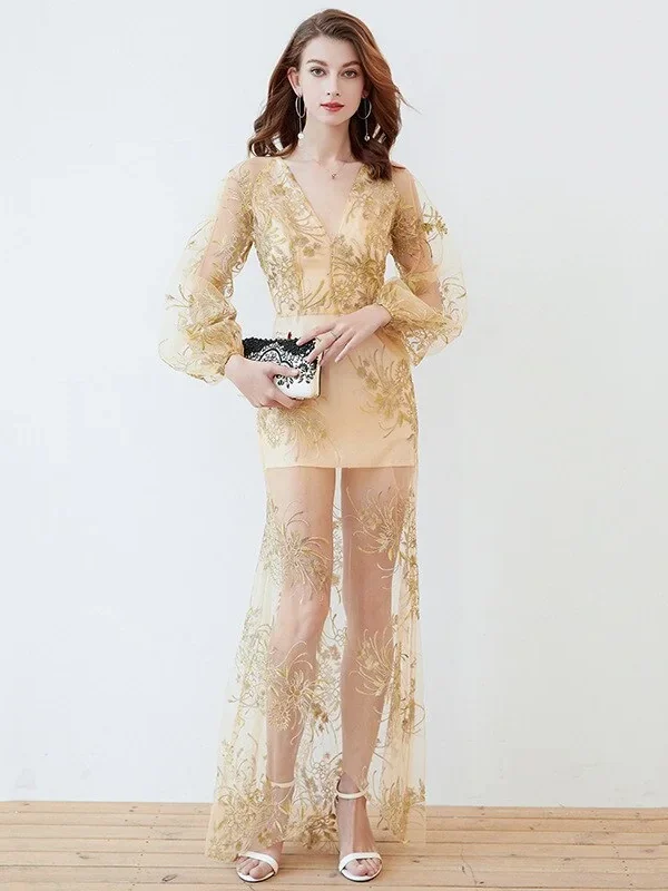 Women's Party Prom Sexy V Neck Long Lantern Sleeves Embroidery Elegant Long Maxi Designer Dresses Vestidos