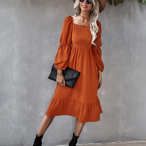 Alternative view of Women Autumn Square Collar Long Sleeve Solid Color A Line Causal Dress Ladies Fashion All Match High Waist Dress