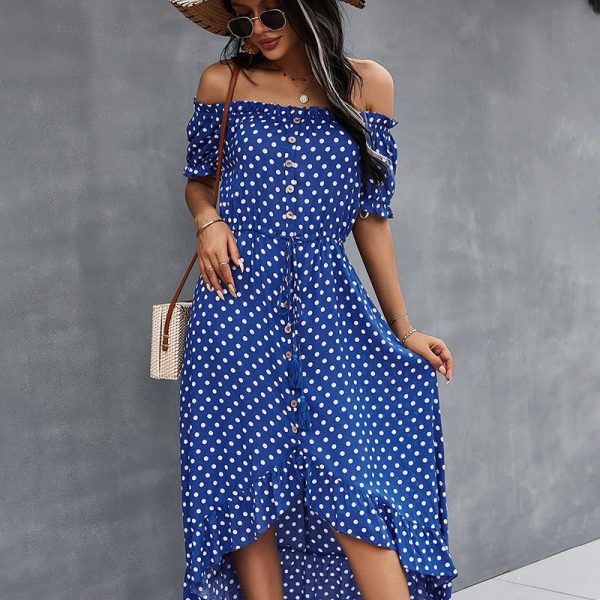 Ladies Dot Polka Print Dress Women Tassel Button Off The Shoulder Dress For Woman Sexy Slash Neck Spring Summer Dress