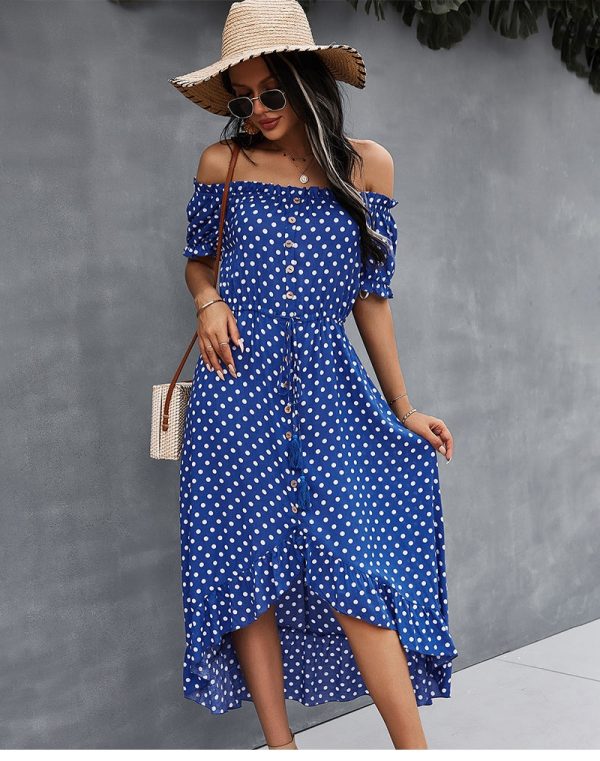 Ladies Dot Polka Print Dress Women Tassel Button Off The Shoulder Dress For Woman Sexy Slash Neck Spring Summer Dress