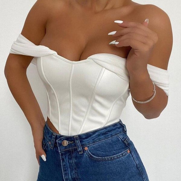 Cryptographic PU leather Sexy Bustier Corset Top Off Shoulder Chiffon White Strapless Female Top Cropped Tops Women Clothes - Hplify