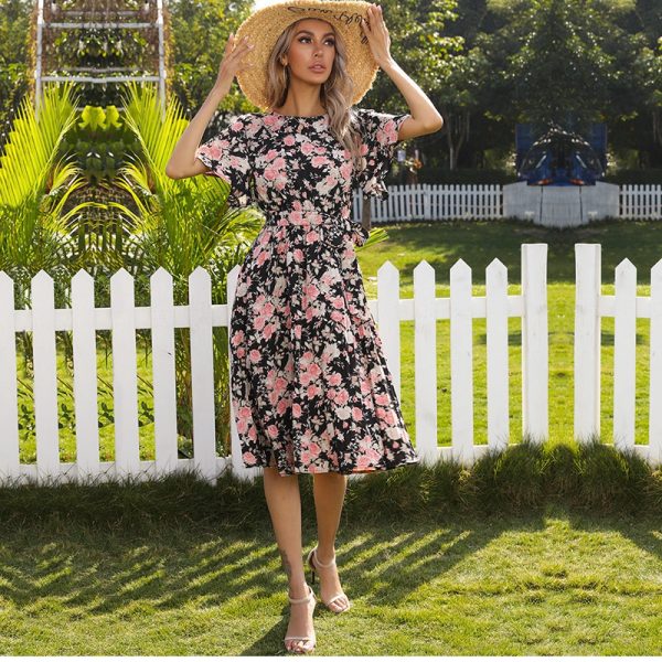 Alternative view of Spring Summer Floral Dress Women V Neck Butterfly Sleeve High Waist Knee Length Bandage Dresses Ladies