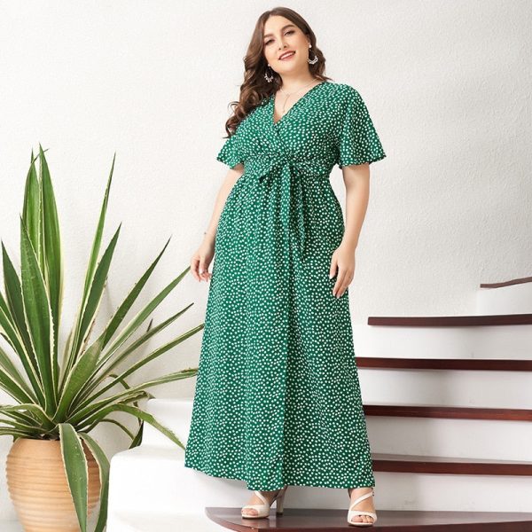Summer Maxi Dress Women Green Floral Sashes Front Belted Split Flared Short Sleeve V-neck Boho Holiday Robes
