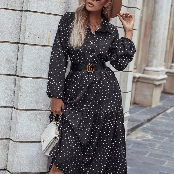 Fall Waist Lapel Long Sleeve Polka Dot Black Dress Women Fashion All Match Causal Printed Long Dresses