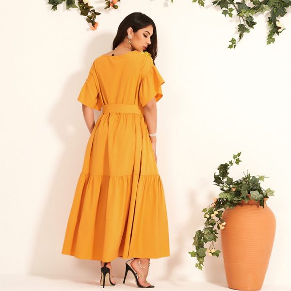 Alternative view of Women's Fashion Jacquard Embroidery Trumpet Sleeve Bow Tie Belt Was Thin and Waisted All-match Long Dress