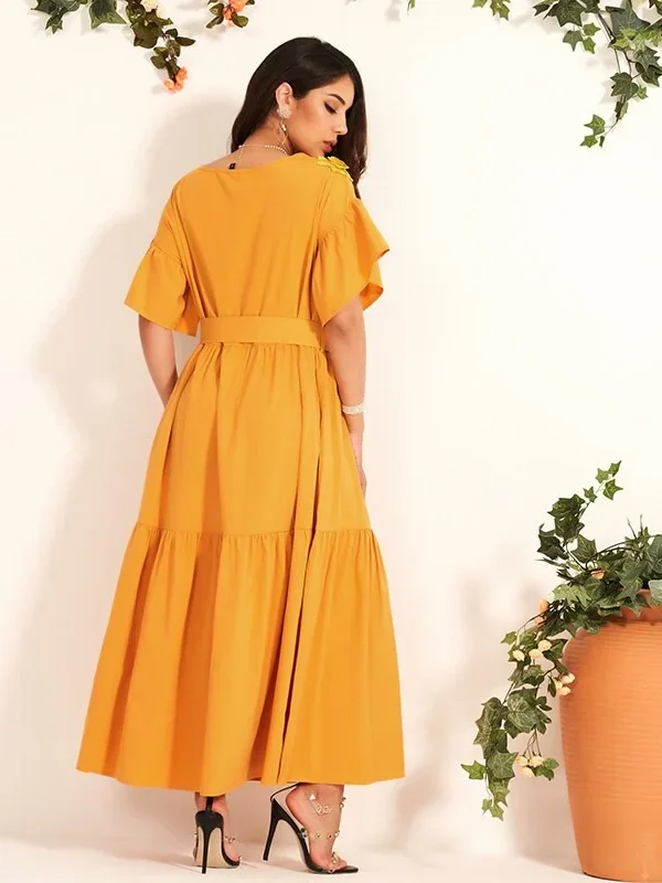 Alternative view of Women's Fashion Jacquard Embroidery Trumpet Sleeve Bow Tie Belt Was Thin and Waisted All-match Long Dress