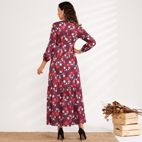 Alternative view of Sweet Long-sleeved Floral High-waisted Elastic Waist Long A-line Belted Romantic Dress