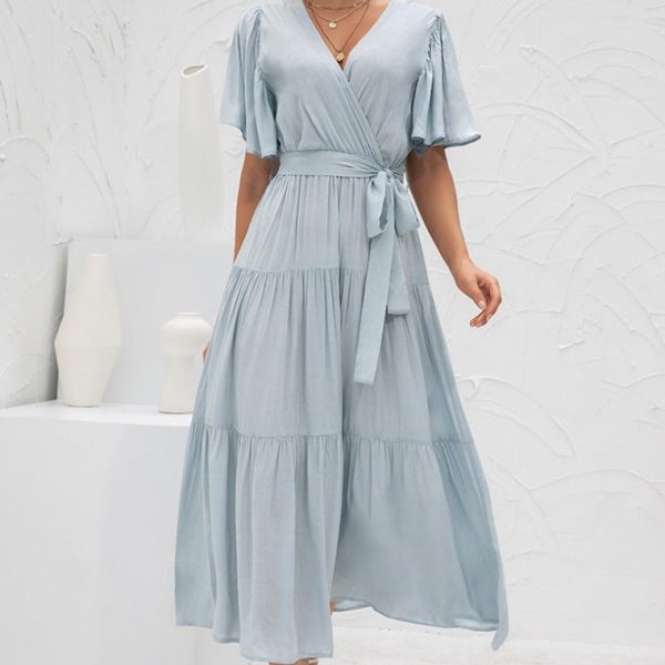 Solid Short Sleeve Fold High Waist V Neck Temperament Female Dress Fashion Pure Spring Summer Chic Ladies Long Dress