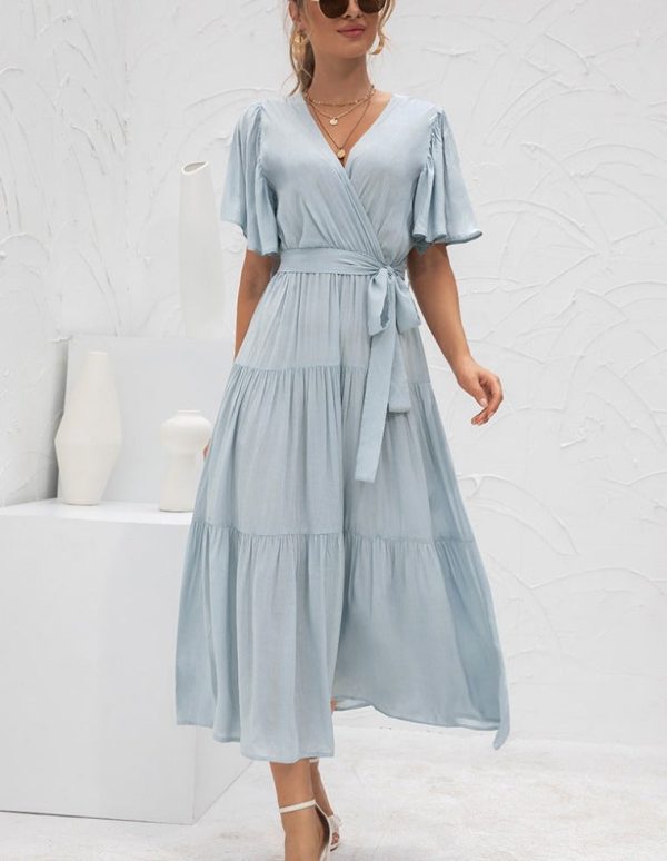 Solid Short Sleeve Fold High Waist V Neck Temperament Female Dress Fashion Pure Spring Summer Chic Ladies Long Dress