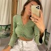 LVINMW V Neck Flare Sleeve Long Drawstring Slim Purple Crop Top Pleated Solid Simple Sweet T Shirts Women Casual Autumn Tops - Hplify